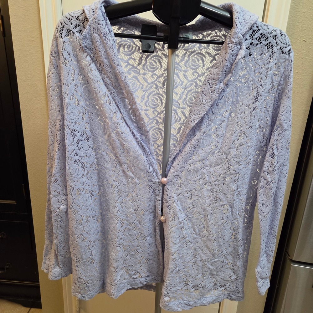 Vtg Haband Lace Cardigan Sweater Light Blue Open Front Button Hooded Womens L
